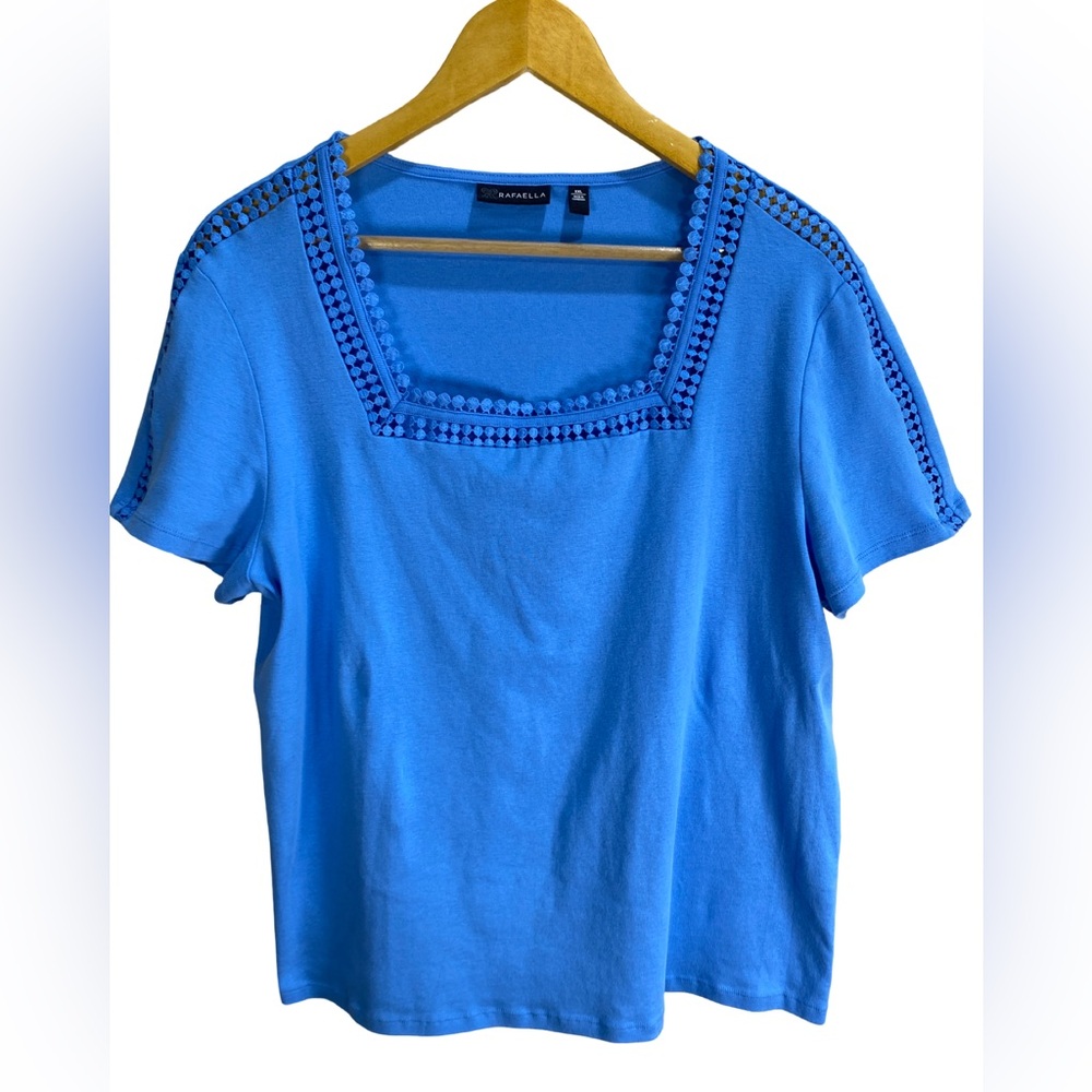Rafaella Women’s XXL Blue Cotton Short Sleeve Top Cutout Detail‎ Feminine Blouse